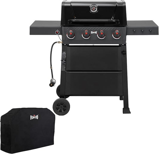 4 Burner Gas Grill, Outdoor BBQ Grill with Side Table for Patio & Backyard Barbecue, Enameled Coated Chamber Body with Porcelain-Enameled Grates, Grilll Cover Included, 36,000 BTU, Black