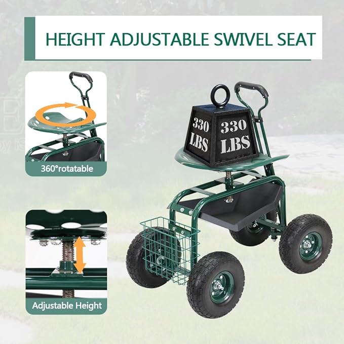PLKO Garden Cart on Wheels,Rolling Garden Cart with Seat,Heavy Duty Gardening Stool with Basket,Adjustable Steering Handle, 360 Degree Swivel Seat for Yard,Patio,and Outdoor