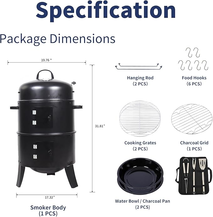 16 inch Vertical Charcoal Smoker, BBQ Grill, Fire Pit, 3-in-1 with Built-in Thermometer, Adjustable Air Vent, Idea for Parties, Backyard, Patio, Camping