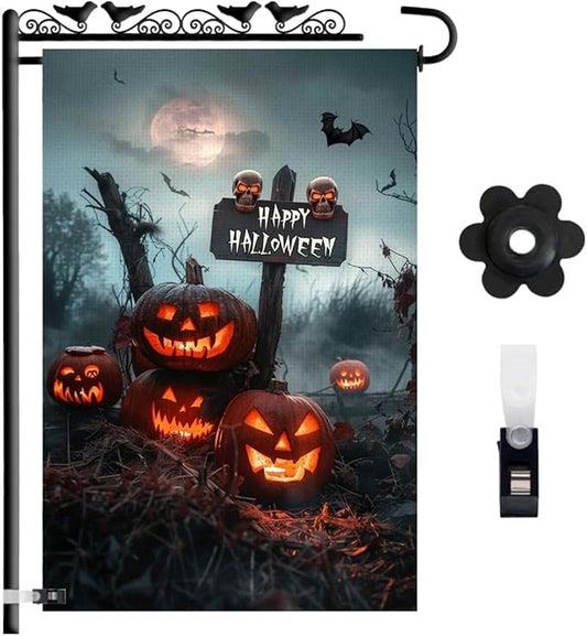 Happy Halloween Garden Flag 12x18 – Double Sided Burlap Fall Outdoor Flag with Jack-o'-Lanterns, Skulls, Bats & Graveyard Scene