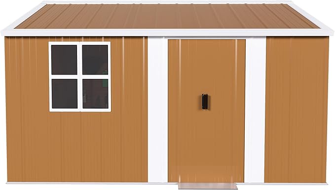 Outdoor Tool Shed 12x10 FT Heavy-Duty Metal Storage Shed with Lockable Door, Windows & Ventilation - Weather-Resistant Roof Garden Shed for Backyard, Patio, Lawn (Brown)