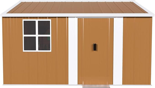 Outdoor Tool Shed 12x10 FT Heavy-Duty Metal Storage Shed with Lockable Door, Windows & Ventilation - Weather-Resistant Roof Garden Shed for Backyard, Patio, Lawn (Brown)