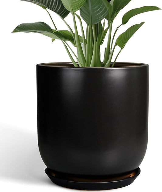 Ceramic Planter Pot - 12 Inch Large Plant Pot with Drainage Hole and Saucer Modern Flower Pot for Indoor Outdoor Plants Home Garden Decor Black