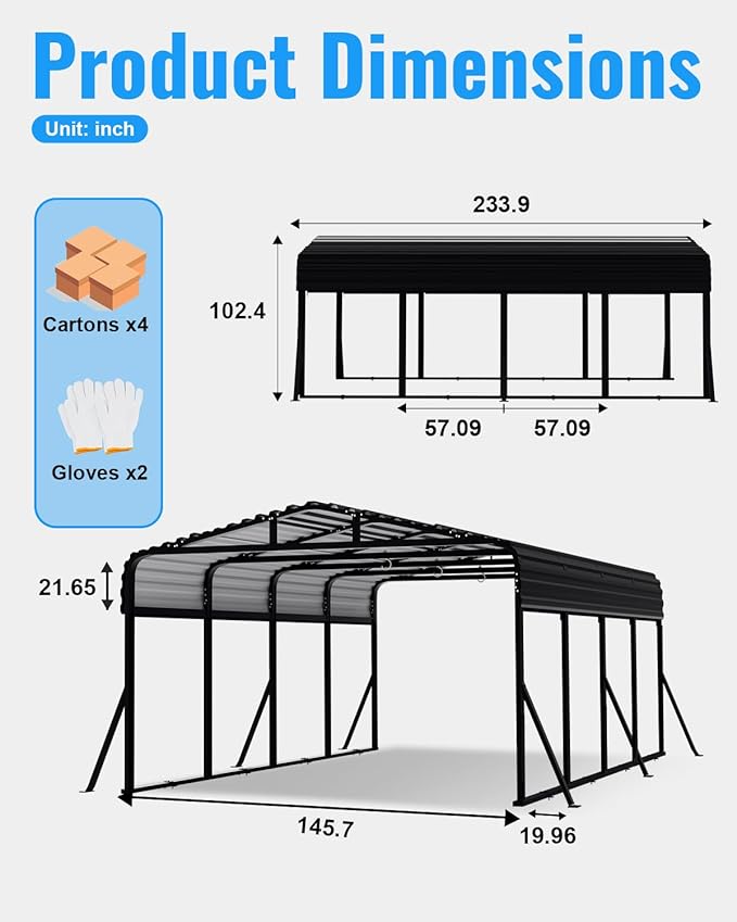 12x20 FT Metal Carport, Heavy Duty Carport with Reinforced Frame & Side Support Poles for All-Weather, Outdoor Car Port Suitable for Parking Pickup, Boat, Car, and Tractor