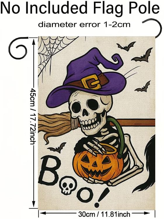 Halloween Garden Flag 12x18 Inch Skeleton Pumpkin Witch Hat Boo Yard flag Double Sided Outdoor Porch Patio Lawn Party Decoration for Fall Holiday Birthday