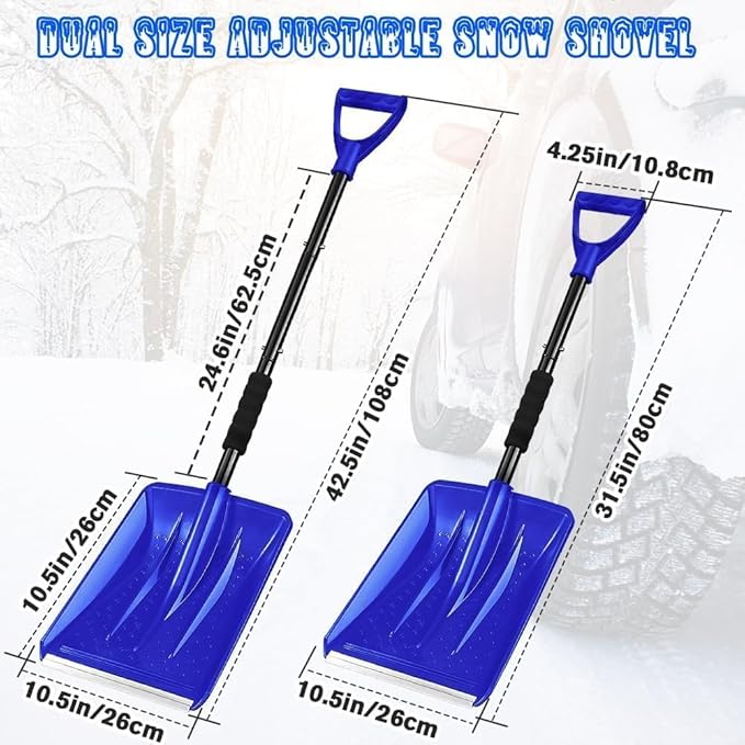 Snow Shovel for Car & Driveway, Upgraded 42.5" Lightweight Aluminum Alloy Shovel, Portable Foldable Snow Shovel for Emergency, Garden, Snow Removal, Heavy Duty Ice Shovel with Ergonomic Handle (Blue)