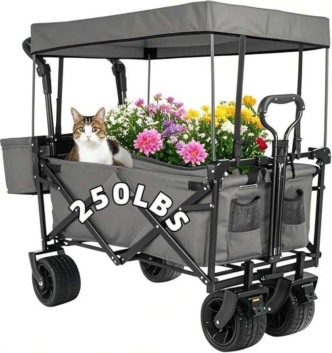 AthLike Extra Large Collapsible Wagon w/Removable Canopy, 250lbs/262L Capacity Foldable Garden Cart w/Rear Storage, Heavy Duty Push&Pull Utility Camping Beach Stroller w/Big Wheel&Adjustable Handles