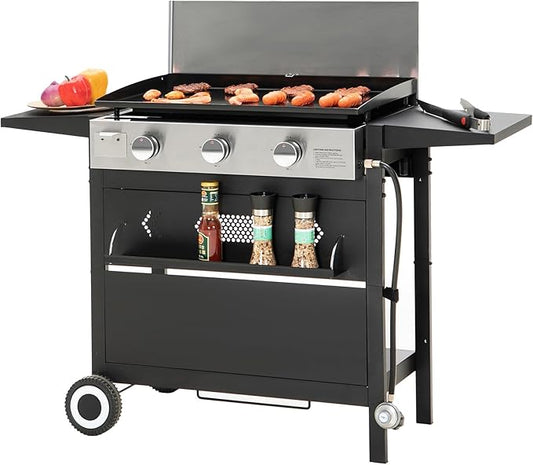 Sophia & William 27-Inch Flat Top Grill with Ceramic Coated Cast Iron Griddle, 3-Burner Propane Gas BBQ Griddle, Portable Outdoor Barbecue Grill,33,000 BTU,Black