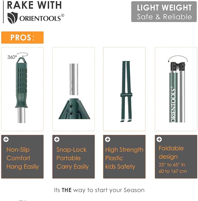 ORIENTOOLS Garden Leaf Rake, Garden Rakes for Lawns Leaves with 65.7" Foldable Handle Rake, 26 Strong Tines Plastic Head Shrub Rake, Yard Garden Rake for Lawns, Grass, Flower Beds Leaves Cleaning