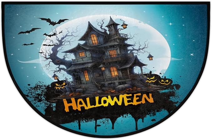 Halloween Half Round Door Mat, Halloween Bat Castle Moon Semicircle Door Mats, Non Slip Area Rug Soft Doormat for Indoor Entrance Wear Resistant Welcome Mat for Garage Patio Home Decor 24 x 36 In