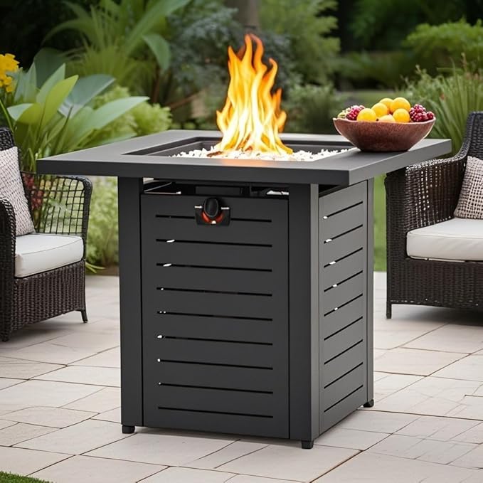 28'' Propane Fire Pit Table, 50,000 BTU Fire Table with Steel Lid, Big Legs, Laval Rocks. 1172