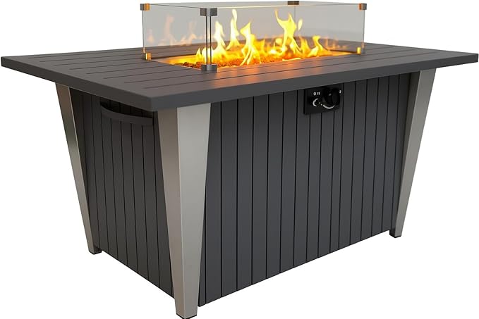 SereneLife 52 Inch Gas Fire Pit Table, 50,000 BTU Propane Pits for Outside with Steel Lid and Lava Rock, 2 in 1 Firepit Table Gatherings Parties on Patio Deck Garden Backyard