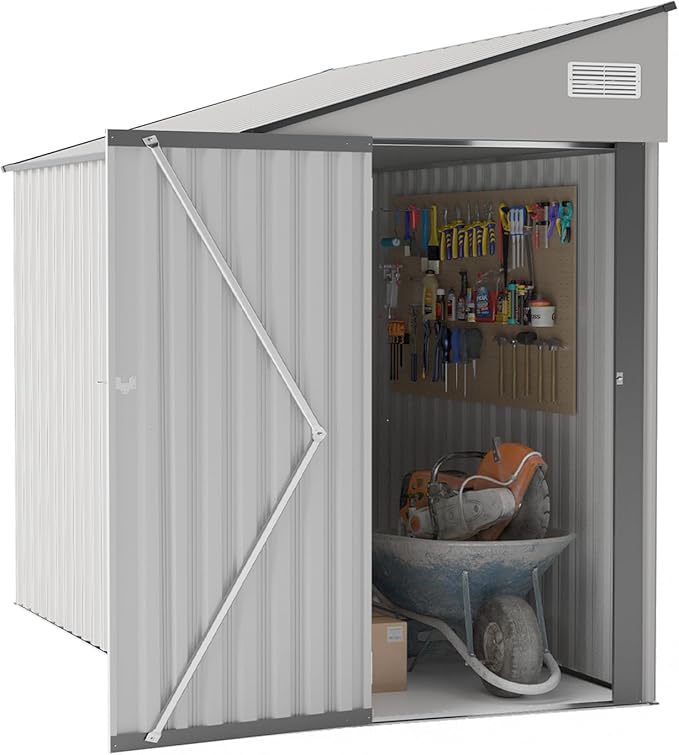 4×8 FT Outdoor Metal Storage Shed,Heavy-Duty Lean to Storage Shed with Lockable Single Side Hinge Door,Waterproof Metal Storage Tool House W/Sloping Roof,Air Vent&Protect Film,for Backyard,White
