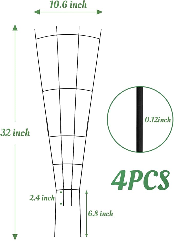 4 Pack 32'' Plant Trellis Indoor - Metal Trellis for Climbing Plants Indoor, Garden Trellis for Climbing Plants Outdoor Houseplants Flowers Vine Ivy, Fan Shape, Black