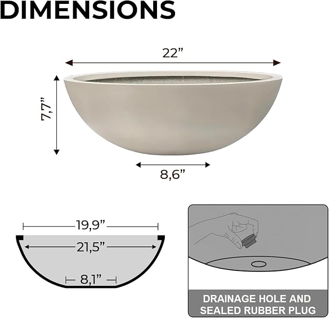 7.7" H x 22" D Round Bowl Fiberstone Planter for Succulent and Lotus, Drainage Hole, Weather Resistant for Indoor and Outdoor Use, Included 2 Extra Coco Mats (Taupe, 19.9" Pot Opening)