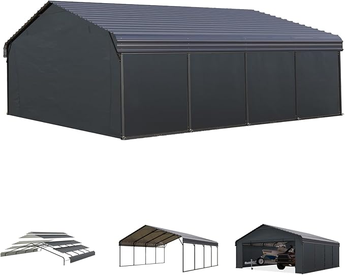MFSTUDIO Carport 20x20 ft, Outdoor Heavy Duty Carports with Sidewalls, Metal Shed Canopy Shelters Garage Shelter Shade Car Ports with Galvanized Roof for 2 Cars, Truck and Boats