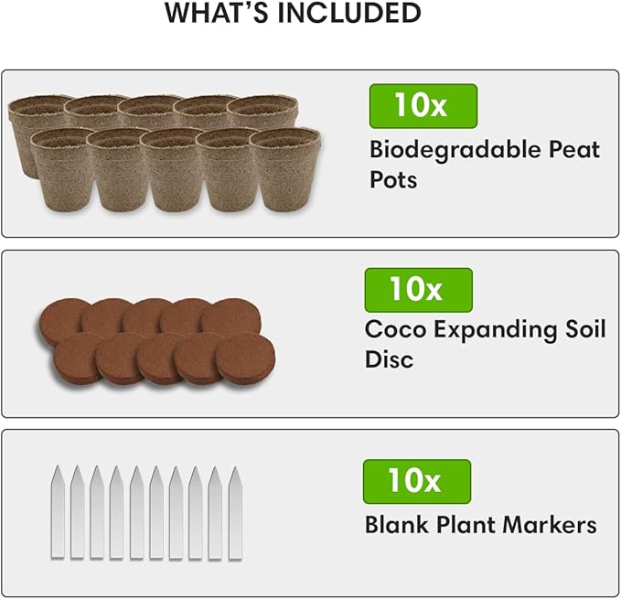 Seedling Starter Kit Germination Grow Cups and Soil (10 Pack) Biodegradable Peat Pots, Coco Coir Soil Discs, Plant Markers - Organic Grow Kit for Seed Germination, Indoor/Outdoor (2)