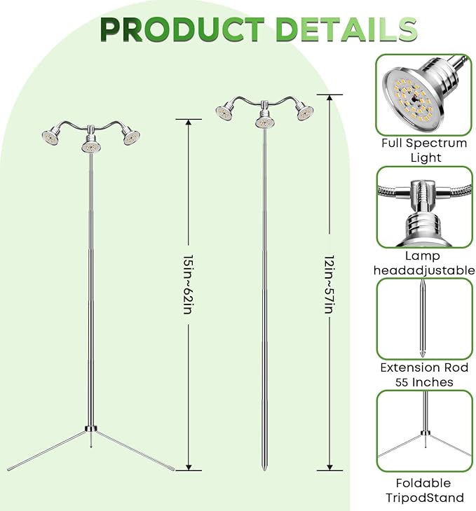 Full Spectrum Grow Lights for Indoor Plants 15-62 Inches Height Adjustable Aluminum Alloy Plant Growing Lamps with Detachable Tripod Stand, Auto On/Off Timer (Full Spectrum, Three Heads)