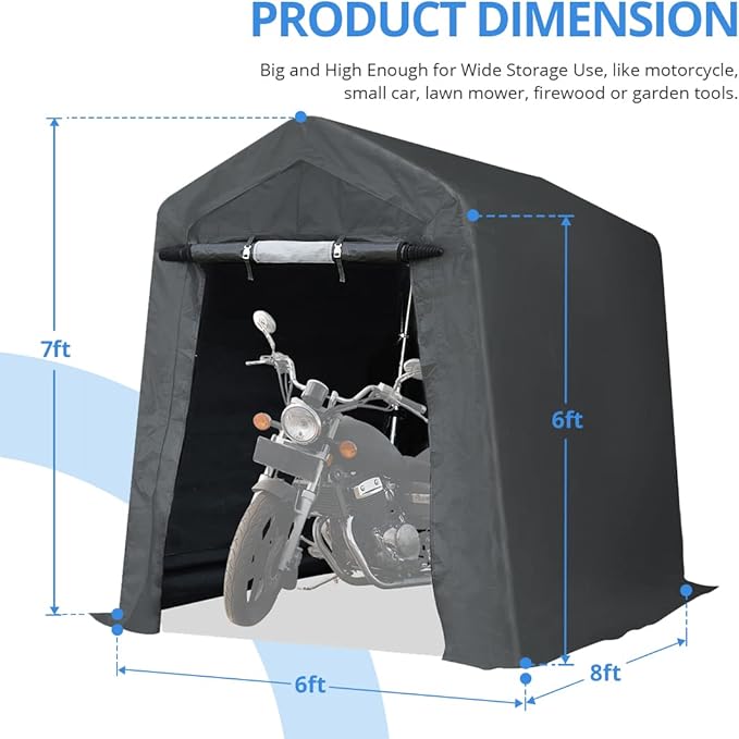 ADVANCE OUTDOOR 6X8 ft Outdoor Portable Storage Shelter Shed with 2 Rolled up Zipper Doors & Vents Carport for Motorcycle Waterproof and UV Resistant Portable Garage Kit Tent, Gray