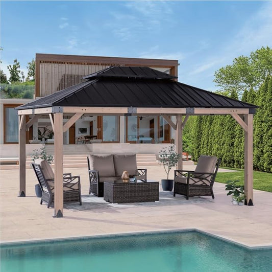 CHARMELEON 12x14 Cedar Wood Gazebo,Heavy Duty Patio Gazebo with Metal Roof,Permanent Hardtop Gazebos Pavilion with Mosquito Netting and Curtains for Backyard,Outdoor,Deck,Garden,Porch
