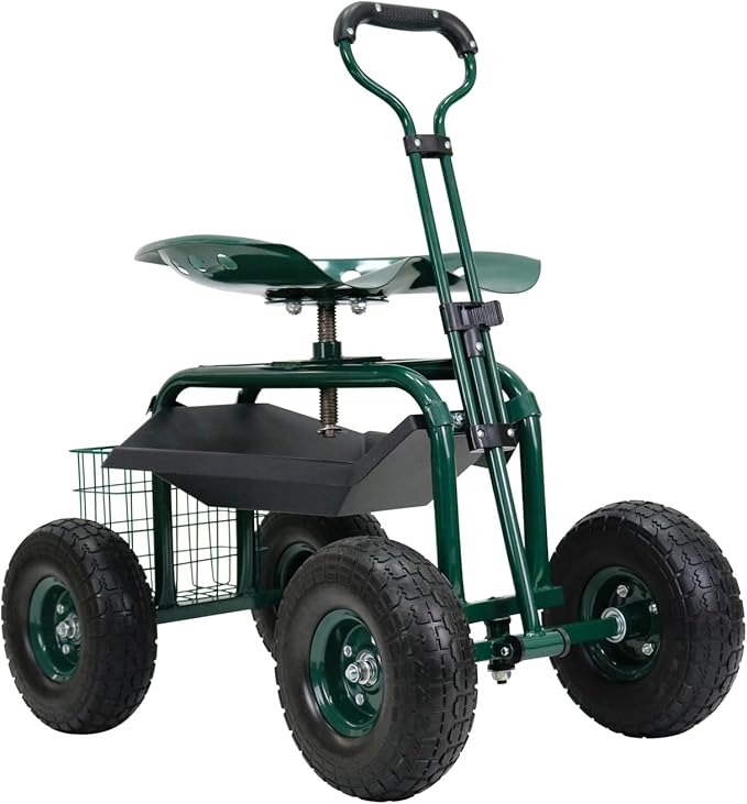 PLKO Garden Cart on Wheels,Rolling Garden Cart with Seat,Heavy Duty Gardening Stool with Basket,Adjustable Steering Handle, 360 Degree Swivel Seat for Yard,Patio,and Outdoor