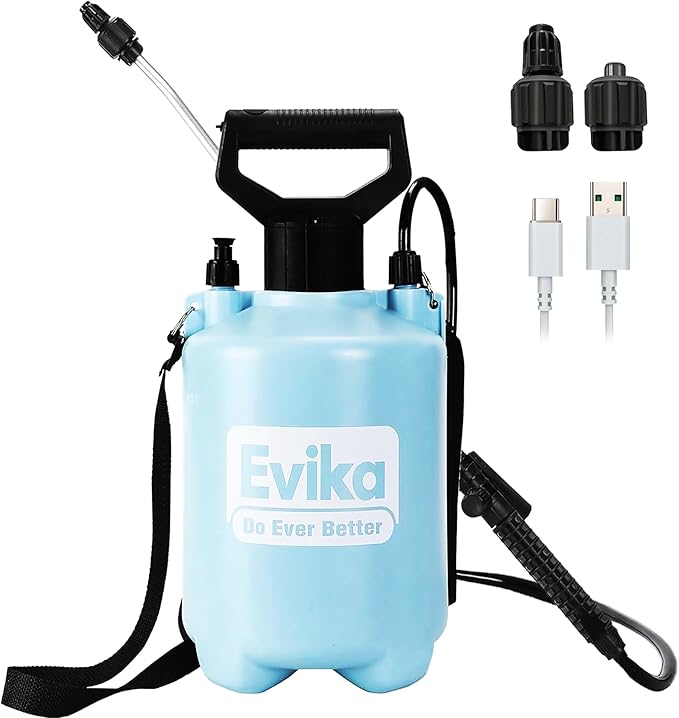 EVIKA 1 Gallon Battery Powered Pump Sprayer, Air Liquid Pump Sprayer with Adjustable Nozzle and Fan Nozzle, Weed Spray, Automatic Garden Pressure Sprayer for Weeding Spraying and Cleaning, Blue