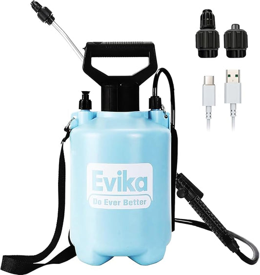 EVIKA 1 Gallon Battery Powered Pump Sprayer, Air Liquid Pump Sprayer with Adjustable Nozzle and Fan Nozzle, Weed Spray, Automatic Garden Pressure Sprayer for Weeding Spraying and Cleaning, Blue