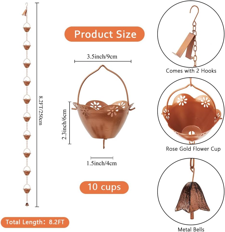 8.2 ft Rain Chain, Lotus Rain Chains for Gutters with 10 Cups, Adjustable Copper Rain Catcher Chains with Bell for Gutters, Eaves, Drainage, Replacement Downspout