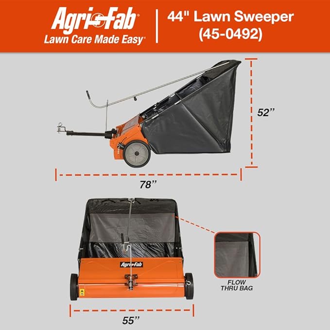 Agri-Fab 45-0492 44" Tow-Behind Lawn Sweeper, 25 cu. ft Hopper Bag Capacity; Leaf & Grass Catcher, with Adjustable Brush Height and Dump From Seat Handle