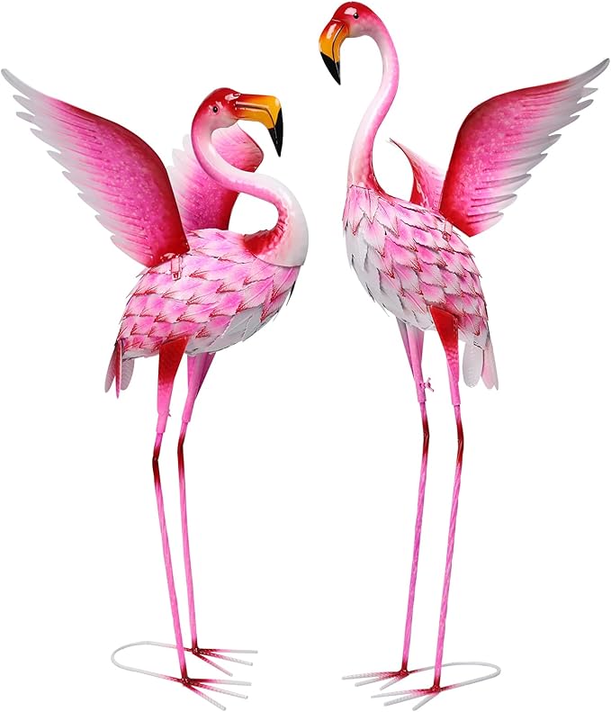 WONDER GARDEN Pink Flamingo Statue-Garden Statues for Outside - 2 Pack Flamingos Sculptures Statue, Metal Birds Yard Art for Pond, Patio, Outdoor, Porch Decor