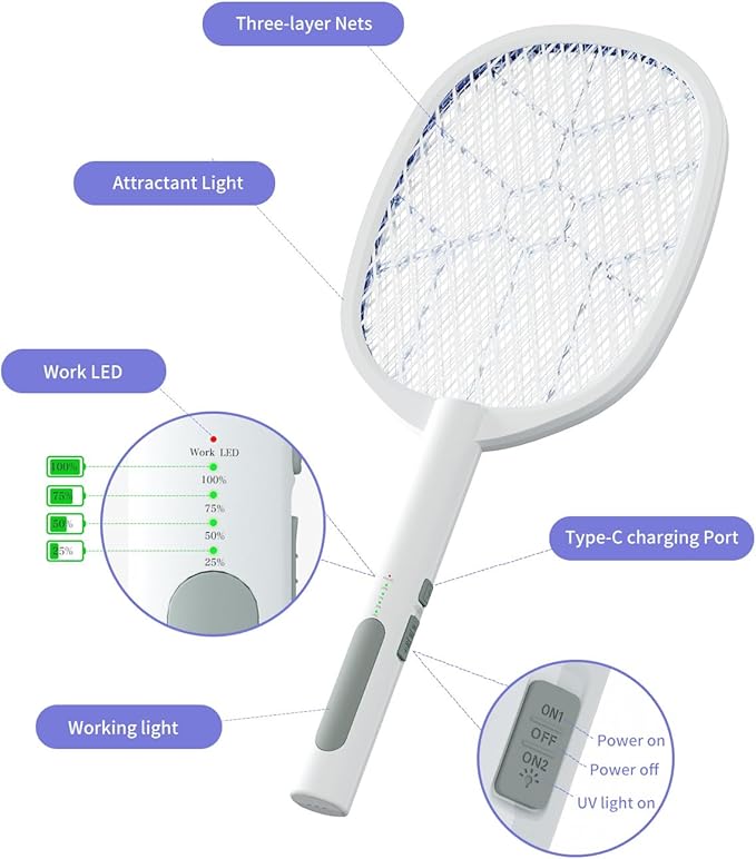 2PACK Electric Fly Swatter,4000V Bug Zapper Racket,2 in 1 Mosquito Zapper Racket with 1200ml Battery Rechargeable Purple Mosquito Killer Lamp with 3 Layers Safety Net Suitable for Indoor and Outdoor