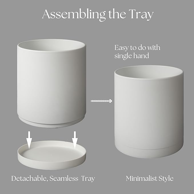 Giraffe Creation 10-Inch Round Cylinder Plant Pot, Modern Indoor/Outdoor Planter with Drainage Hole, Saucer & Water Reservoir, White