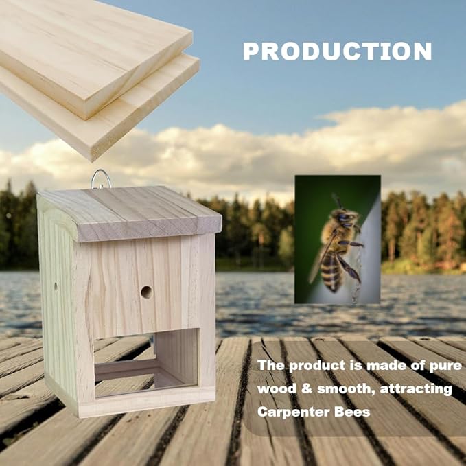 Carpenter Bee Observer, Untreated Pine Wood Device for Garden & Farm, Monitor Bee Activity to Protect Wood Structures from Damage