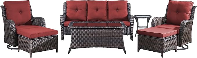 Wicker Rattan Patio Furniture Set - 7 Pieces Outdoor Couch with Swivel Chairs, Ottomans and Coffee Table for Deck, Poolside, Backyard - Brown/Red