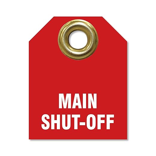 AccuformNMC Shut Off Valve Tags, Main Shut Off (Pack of 5), 2.5" H x 2" W, Red Plastic Double Sided Pipe Tags with Metal Grommet, TDW216