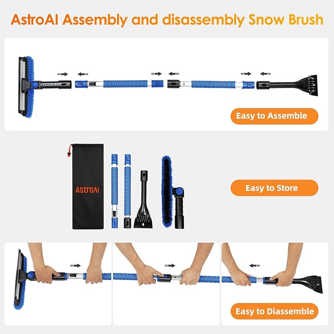 AstroAI 62.4" Ice Scrapers for Car Windshield, 3 in 1 Sturdy Snow Brush with Squeegee, 10 Adjustable Length Settings, Extendable Aluminum Handle, 180° Pivoting Snow Brush for Car, Truck, SUV(Blue)