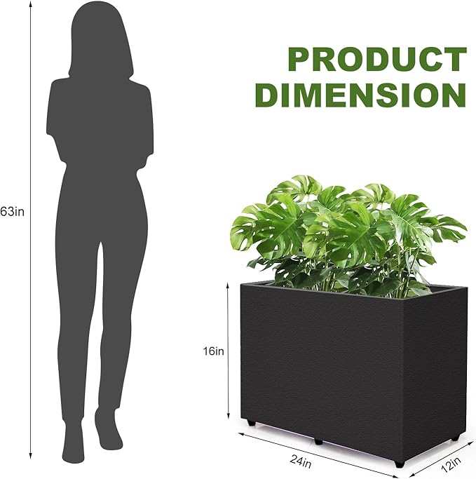 Planter Box Rectangular Block - 24×16×12IN Galvanized Steel Metal Long Box Planter Easy Installation Modern Outdoor Tall Planters All-Weather Use with Drainage Holes for Patio/Porch(Black)