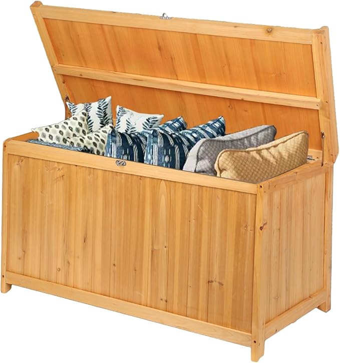 65 Gallon Outdoor Solid Wood Deck Box, Fir wood storage box Deck Box with Sealed Hinged Lid, Furniture Storage Cabine Patio Tool, Backyard Tool, Garden Tool, Pool Equipment, Camping Gear