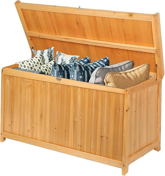 65 Gallon Outdoor Solid Wood Deck Box, Fir wood storage box Deck Box with Sealed Hinged Lid, Furniture Storage Cabine Patio Tool, Backyard Tool, Garden Tool, Pool Equipment, Camping Gear