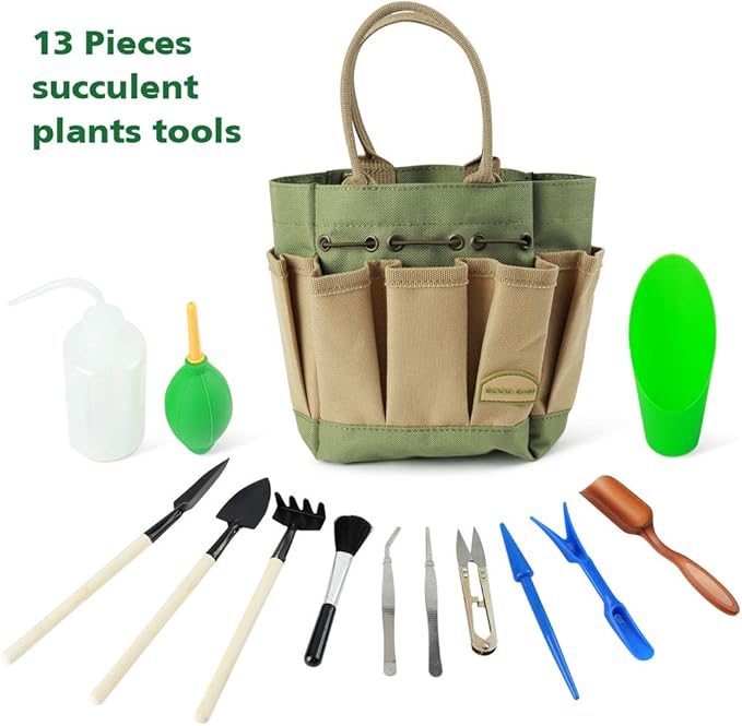 G GOOD GAIN Garden Succulent Kit with Organizer Bag, 14 Pieces Succulent Tools, Indoor Mini Hand Gardening Tools Set with Carrier for Bonsai Planter Miniature Fairy Planting Care(Green)