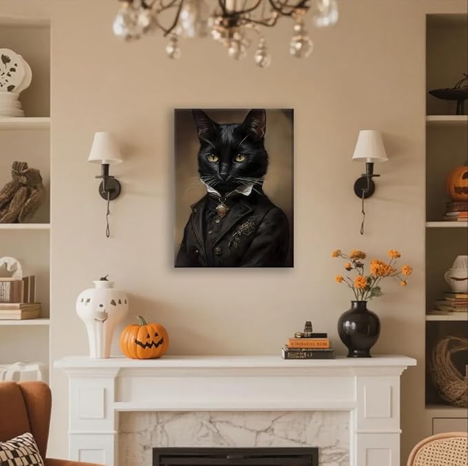 Jatinoo Black Cat Wall Art Framed Canvas - Gothic Home Decor, 16x24 Inch Vintage Print for Dark Academia, Moody Witchy Halloween Decor, Aesthetic Room Poster & Cat Lover Gift