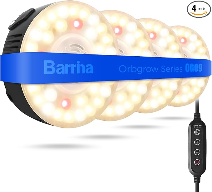 Barrina Orbgrow OG09 Puck Grow Light with Timer, 660nm Red LEDs, 36W(4 x 9W, 540 Watt Equiv), Full Spectrum Plant Light for Indoor Plants, Magnetic & Linkable, 5 Levels Dimmable, 4 Packs, Black