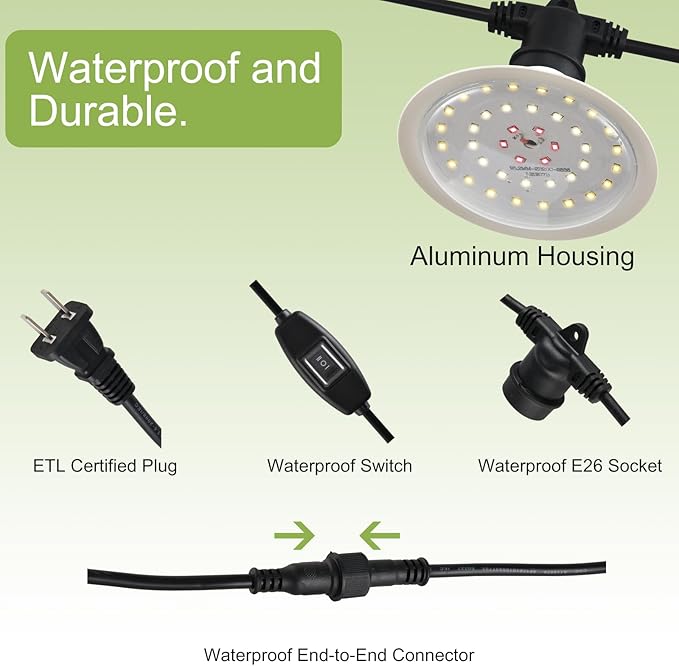 Outdoor Grow Lights for Plants, Full Spectrum Greenhouse Grow Light, UL Certified Daisy-Chain String Grow Lights, IP44 Waterproof, 22FT Adjustable Cord, for Vegetables, Seedlings, Flowers (6 Lights)