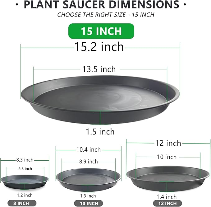 6 Pack 15 Inch Gray Plant Saucer Trays, Heavy Duty Plastic Planter Bases for Big Flower Pots, Durable Water Catcher Plates Indoor Outdoor Use