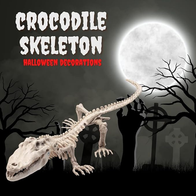 Crocodile Skeleton Halloween Decoration - 20" Long - Weather Resistant for Indoor Outdoor Use- Upgrade Your Fall Lawn Graveyard Haunted House Cemetery Party Props, Spooky Trick-or-Treat Cemetary Decor