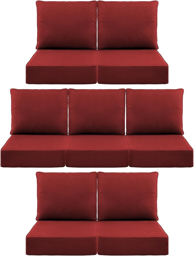 Luxury 6" Outdoor Cushions for Patio Furniture, 24x24x6 Thick Seat Cushion Set of 7, Fade Resistant Couch Chair Replacement Cushions High Density Deep Wicker Chair Cushion w/Removable Cover, Red