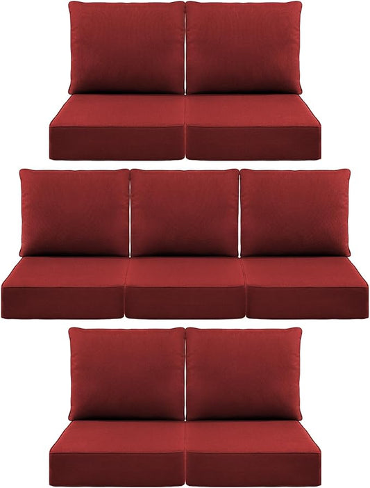 Luxury 6" Outdoor Cushions for Patio Furniture, 24x24x6 Thick Seat Cushion Set of 7, Fade Resistant Couch Chair Replacement Cushions High Density Deep Wicker Chair Cushion w/Removable Cover, Red