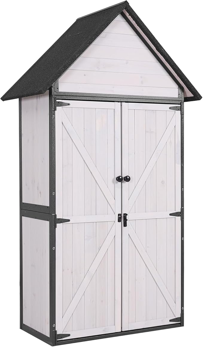 Aivituvin Storage Shed Outdoor Cabinet with All-Around Strong Metal Frame Wooden Tool House with Adjustable Shelfs and Floor,Waterproof Roof (White)