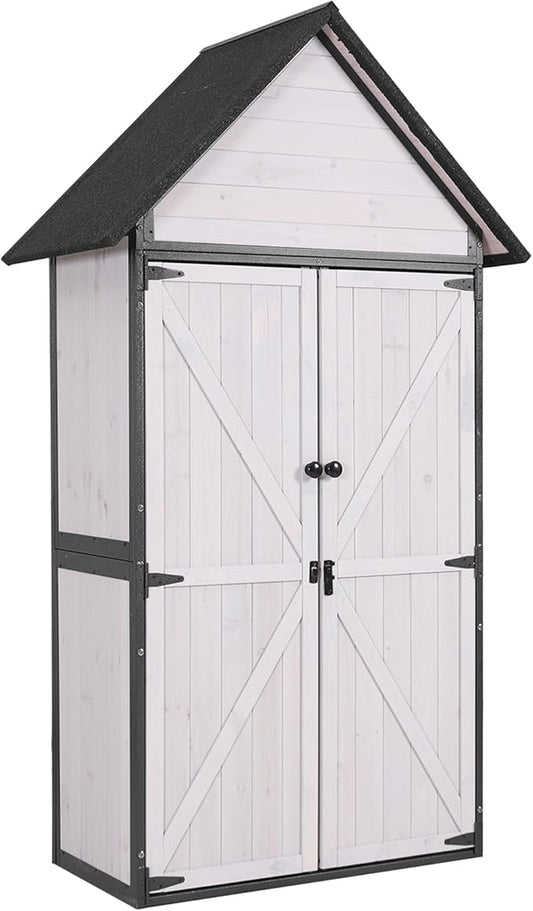 Aivituvin Storage Shed Outdoor Cabinet with All-Around Strong Metal Frame Wooden Tool House with Adjustable Shelfs and Floor,Waterproof Roof (White)