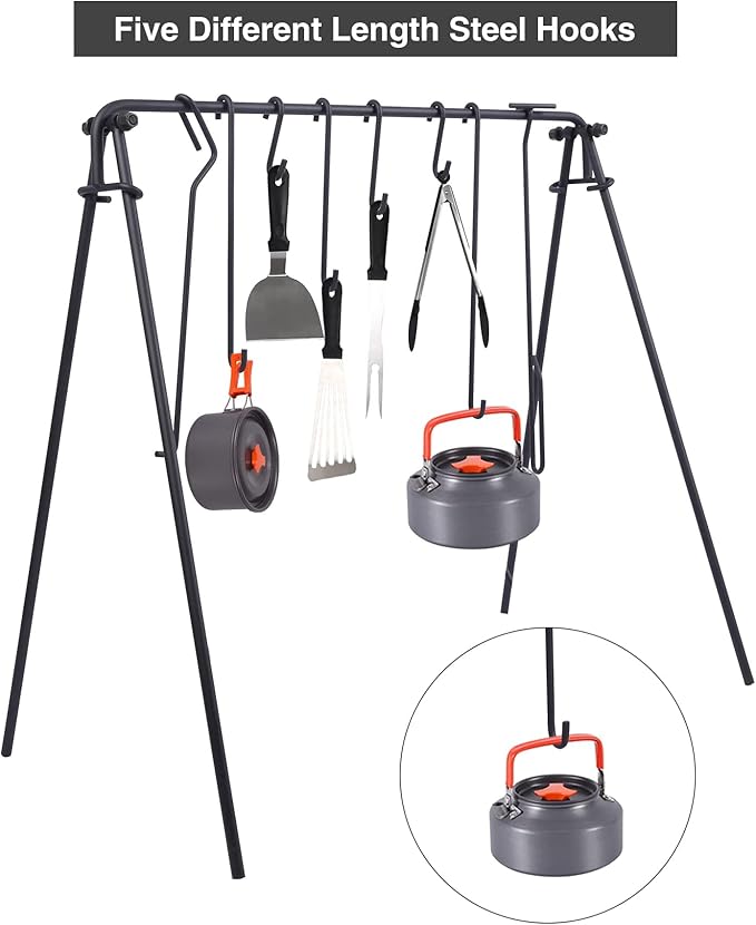 Lineslife Grill Swing Hanging Campfire Cooking Stand with Adjustable Iron Grill Grate, Collapsible Campfire Cooking Rack with Hooks and Accessories for BBQ Picnic, Outdoor Camping Cookware, Dutch Oven